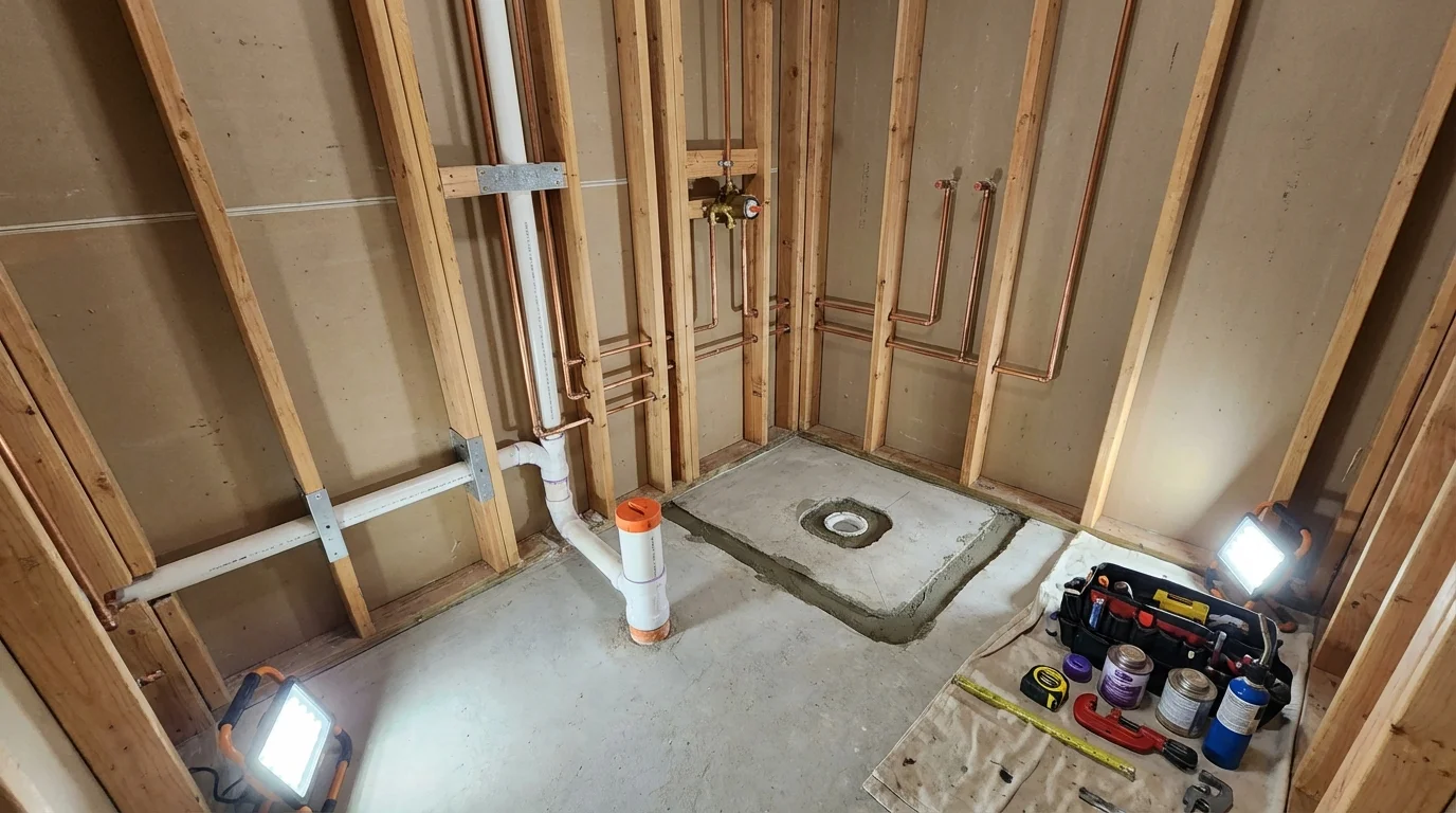 Bathroom rough-in plumbing during remodel by Johns Plumbing LLC in Bartlett