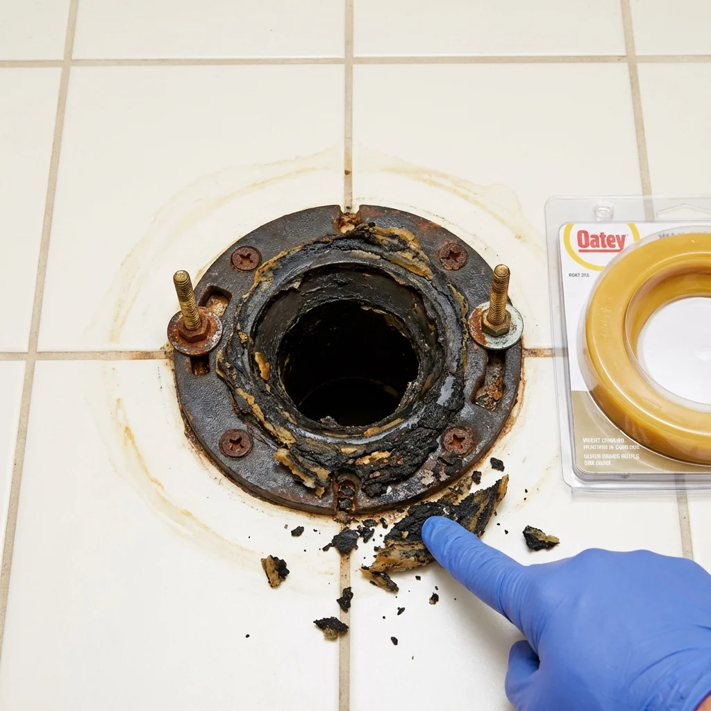 Failed wax ring showing water seepage at the base of a toilet in a Bartlett, NE home